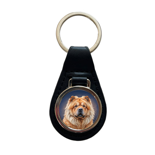 Chow Chow Dog Illustration Black Leather Metal Keychain