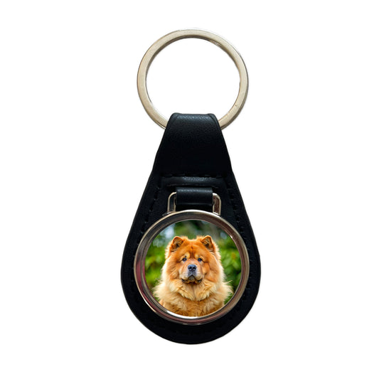 Chow Chow Dog Photo Black Leather Metal Keychain