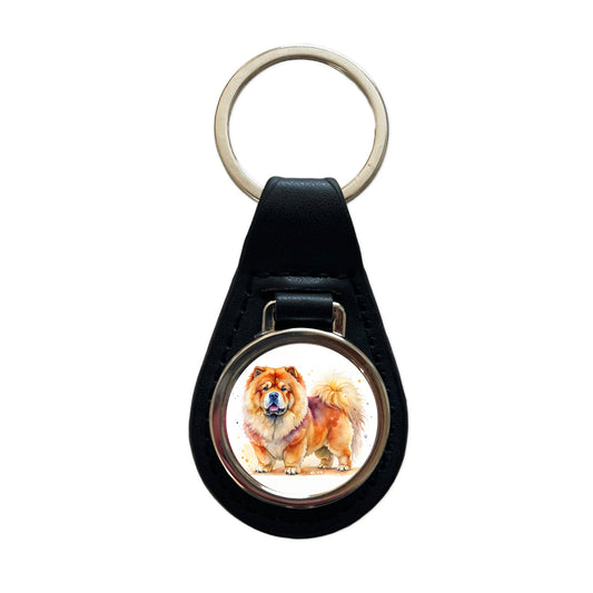 Chow Chow Dog Watercolor Style Black Leather Metal Keychain
