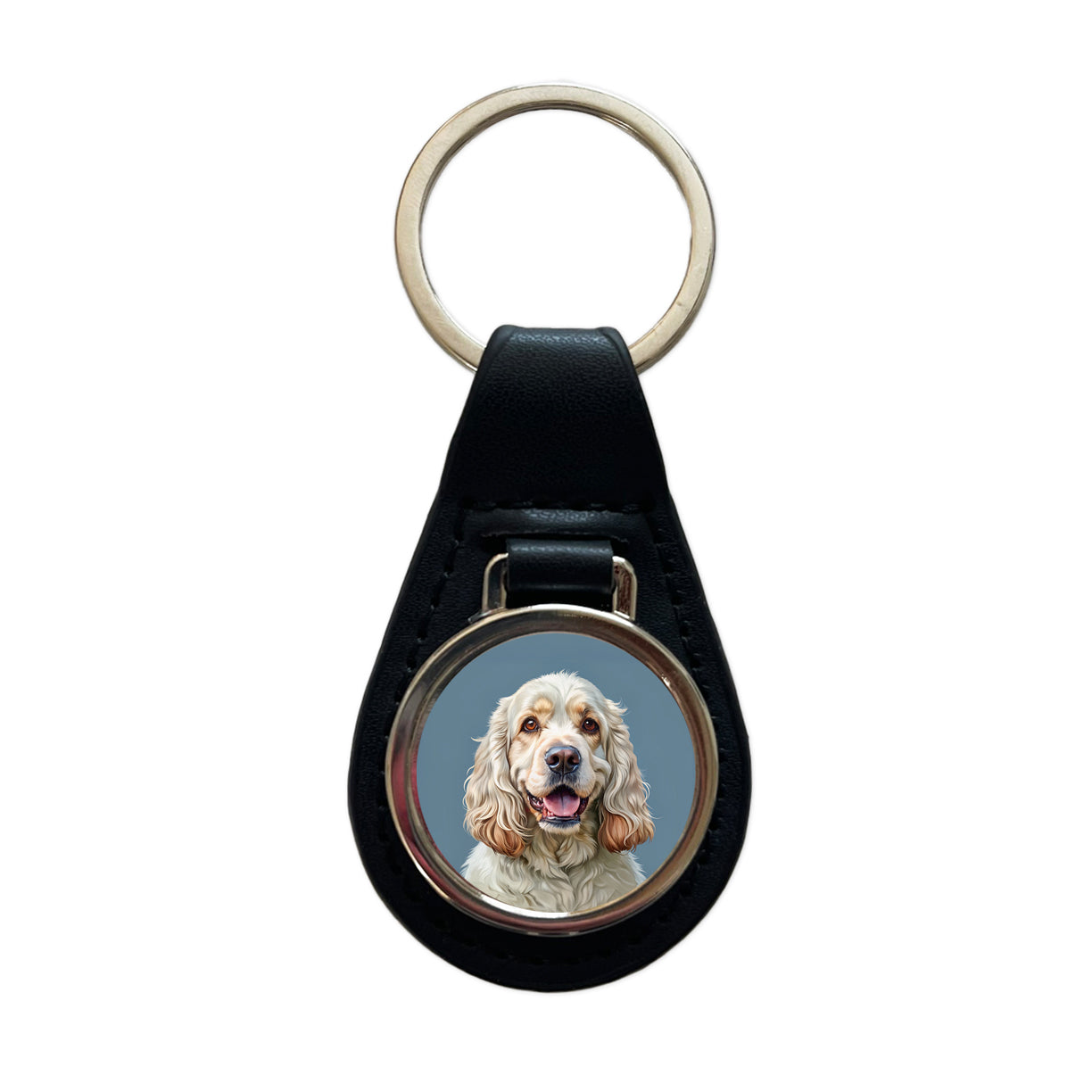 Clumber Spaniel Dog Illustration Black Leather Metal Keychain
