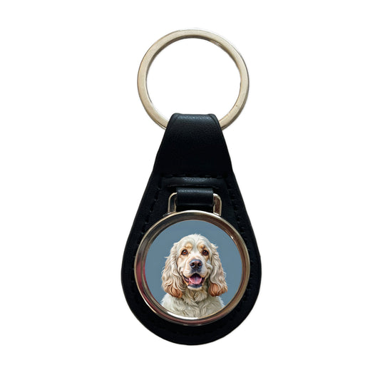 Clumber Spaniel Dog Illustration Black Leather Metal Keychain