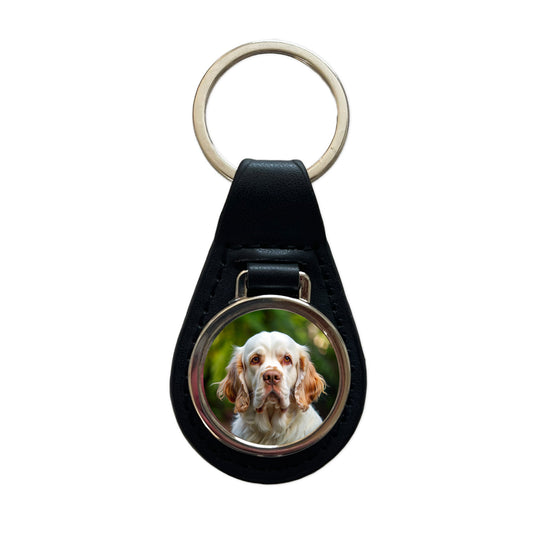 Clumber Spaniel Dog Photo Black Leather Metal Keychain