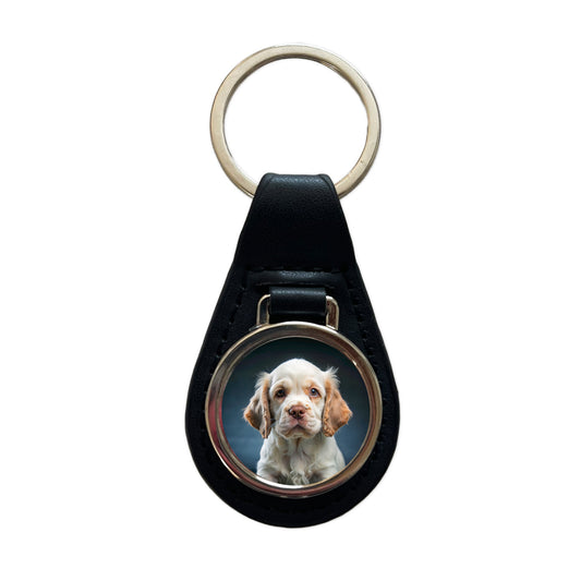 Clumber Spaniel Dog Puppy Photo Black Leather Metal Keychain