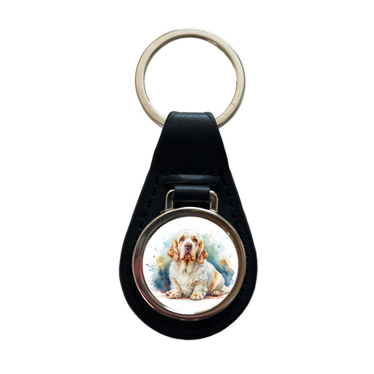 Clumber Spaniel Dog Watercolor Style Black Leather Metal Keychain