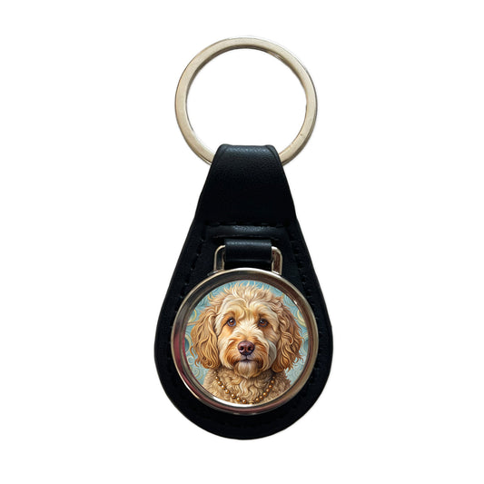 Cockapoo Dog Art Nouveau Black Leather Metal Keychain