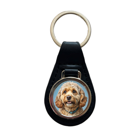 Cockapoo Dog Illustration Black Leather Metal Keychain