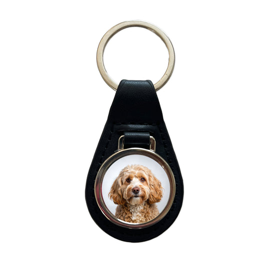 Cockapoo Dog Photo Black Leather Metal Keychain