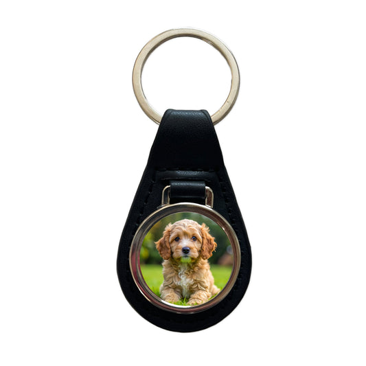 Cockapoo Dog Puppy Photo Black Leather Metal Keychain
