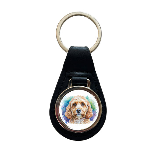 Cockapoo Dog Watercolor Style Black Leather Metal Keychain