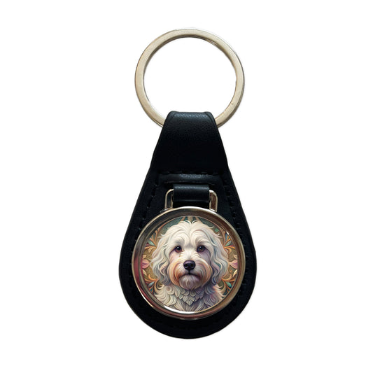 Coton De Tulear Dog Art Nouveau Black Leather Metal Keychain