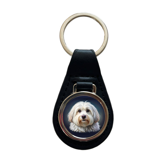 Coton De Tulear Dog Illustration Black Leather Metal Keychain
