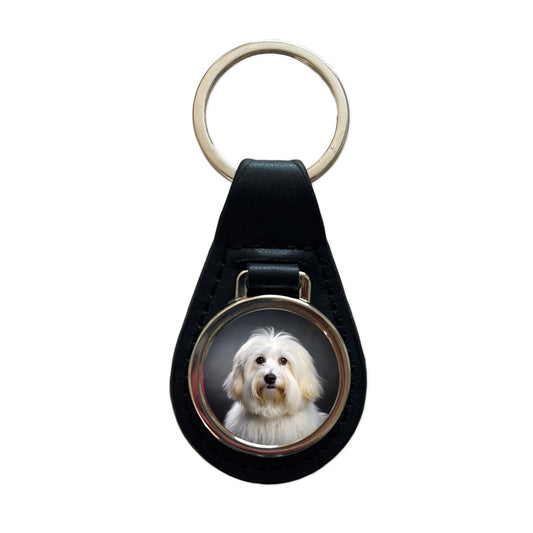 Coton De Tulear Dog Photo Black Leather Metal Keychain