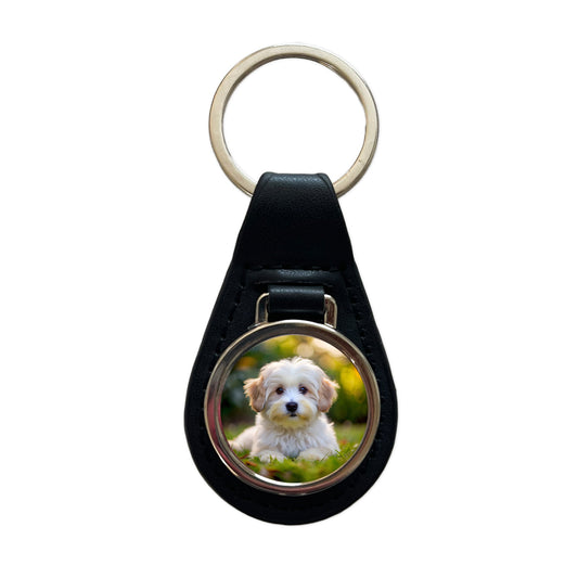 Coton De Tulear Dog Puppy Photo Black Leather Metal Keychain