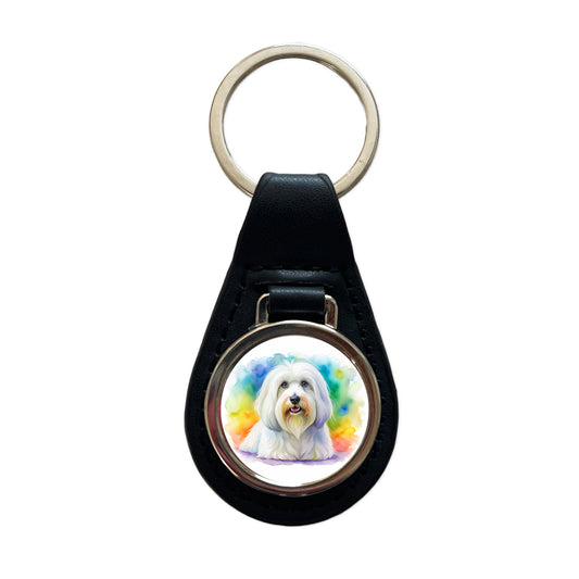 Coton De Tulear Dog Watercolor Style Black Leather Metal Keychain