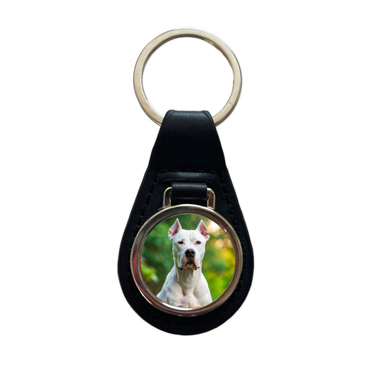 Dogo Argentino Dog Photo Black Leather Metal Keychain