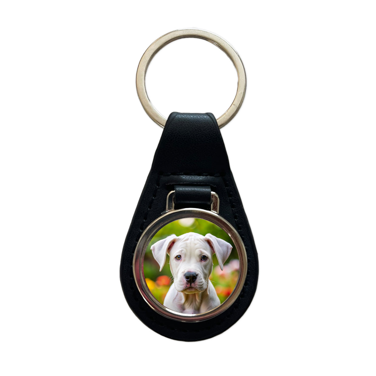 Dogo Argentino Dog Puppy Photo Black Leather Metal Keychain