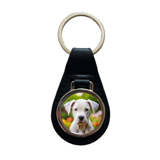 Dogo Argentino Dog Puppy Photo Black Leather Metal Keychain