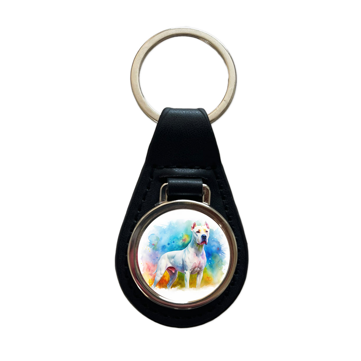 Dogo Argentino Dog Watercolor Style Black Leather Metal Keychain