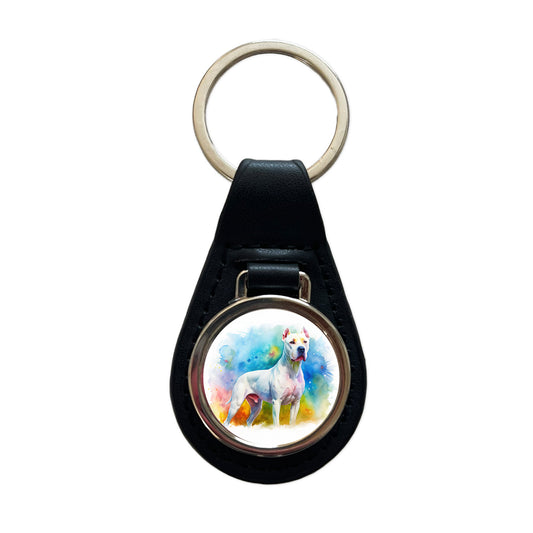 Dogo Argentino Dog Watercolor Style Black Leather Metal Keychain