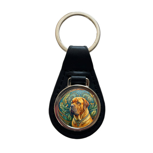 Dogues De Bordeaux Dog Art Nouveau Black Leather Metal Keychain