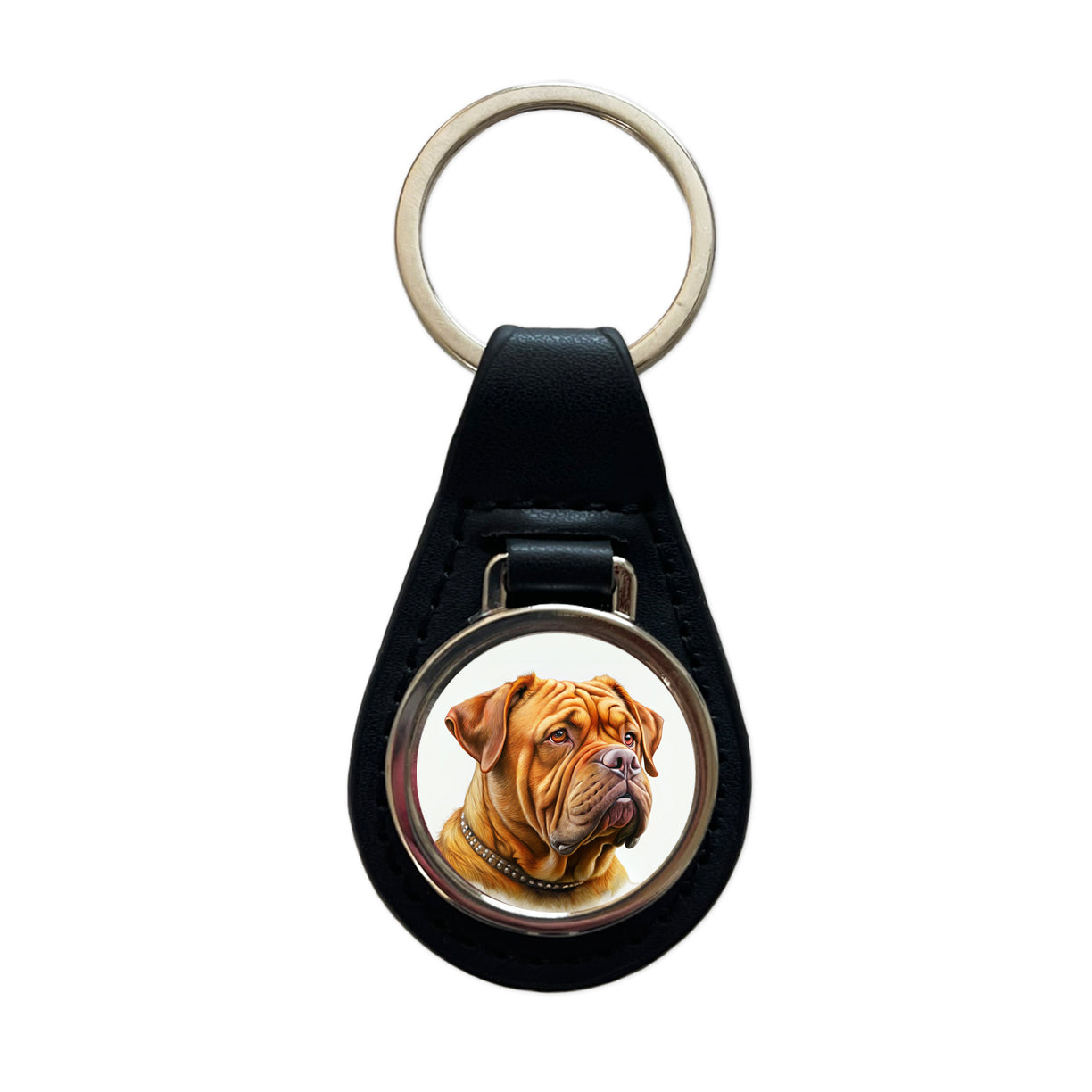 Dogues De Bordeaux Dog Illustration Black Leather Metal Keychain