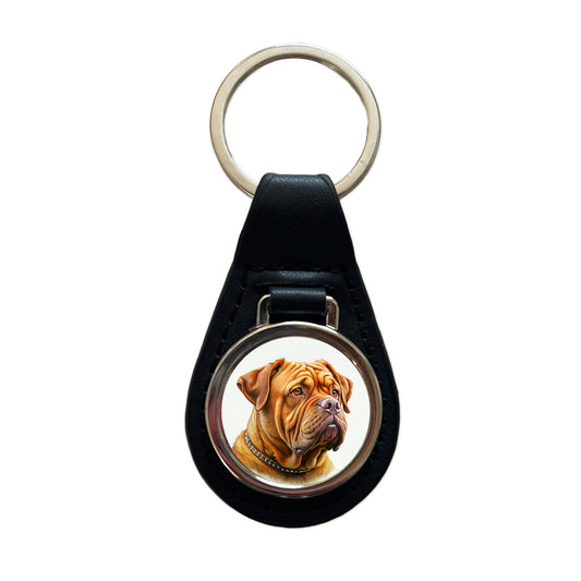 Dogues De Bordeaux Dog Illustration Black Leather Metal Keychain