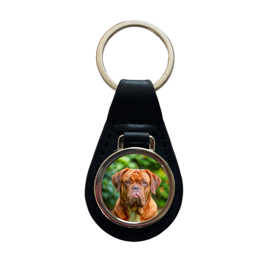 Dogues De Bordeaux Dog Photo Black Leather Metal Keychain