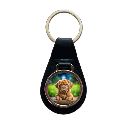 Dogues De Bordeaux Dog Puppy Photo Black Leather Metal Keychain