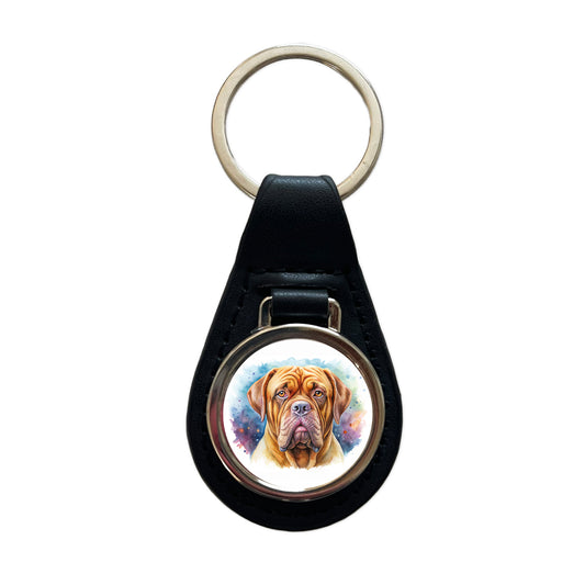 Dogues De Bordeaux Dog Watercolor Style Black Leather Metal Keychain