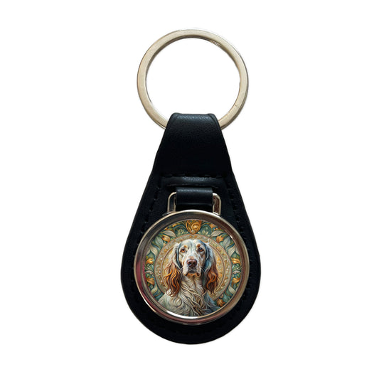 English Setter Dog Art Nouveau Black Leather Metal Keychain