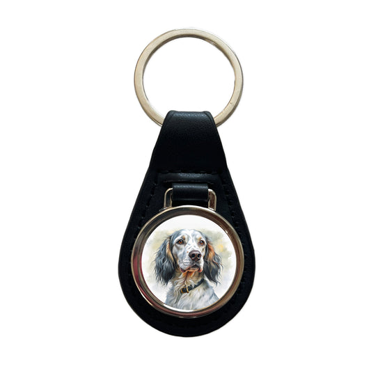 English Setter Dog Illustration Black Leather Metal Keychain