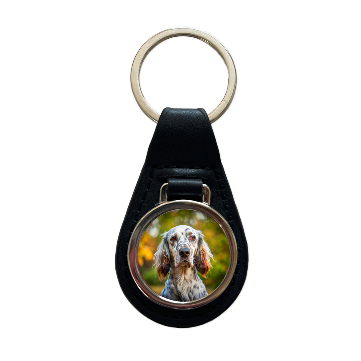 English Setter Dog Photo Black Leather Metal Keychain