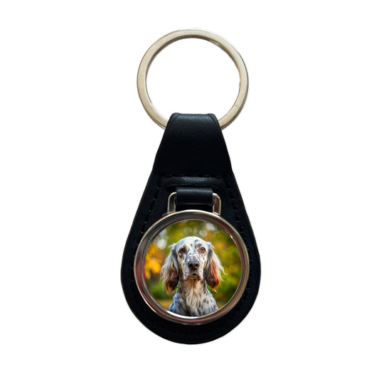 English Setter Dog Photo Black Leather Metal Keychain