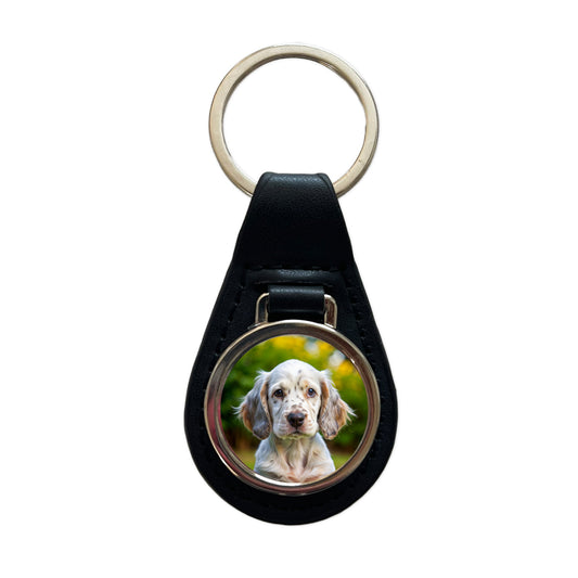 English Setter Dog Puppy Photo Black Leather Metal Keychain