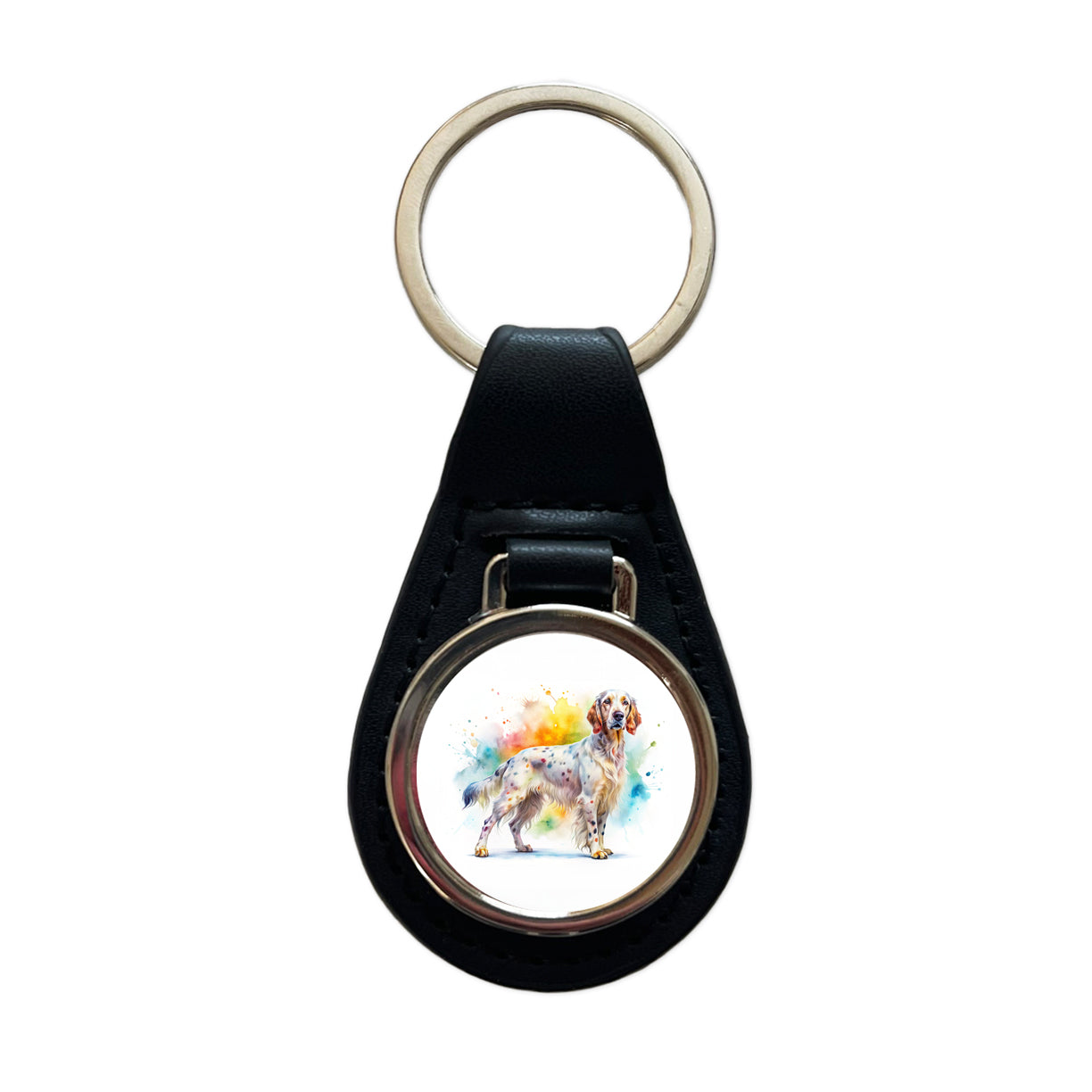 English Setter Dog Watercolor Style Black Leather Metal Keychain