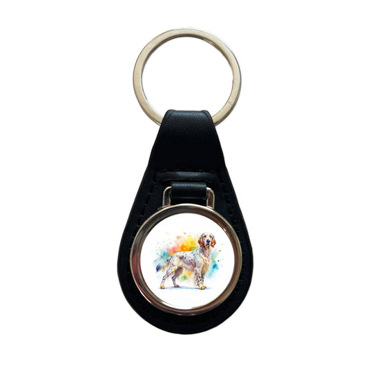 English Setter Dog Watercolor Style Black Leather Metal Keychain