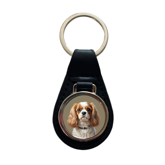 English Toy Spaniel Dog Illustration Black Leather Metal Keychain