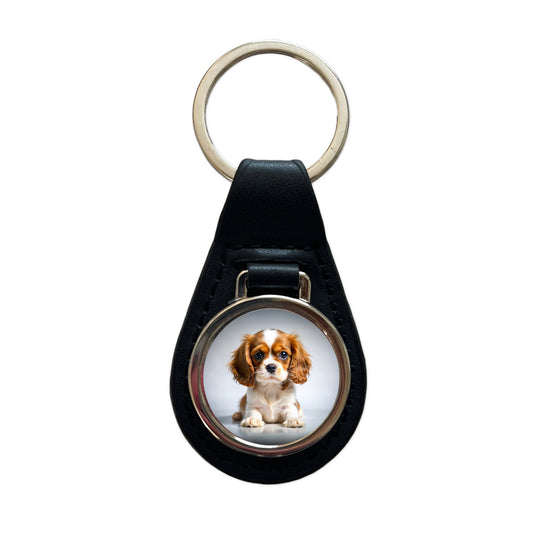 English Toy Spaniel Dog Puppy Photo Black Leather Metal Keychain