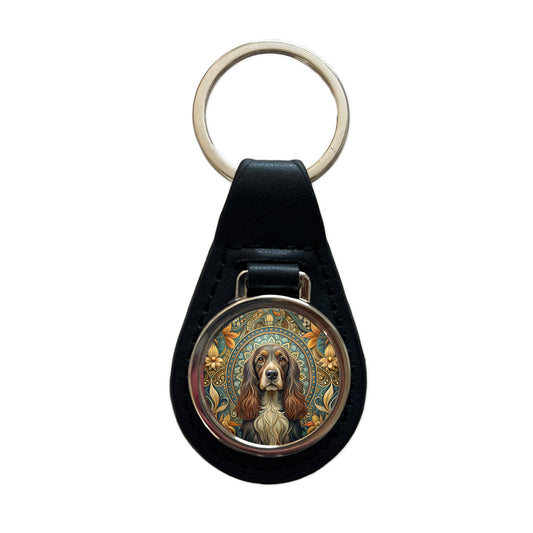 Field Spaniel Dog Art Nouveau Black Leather Metal Keychain