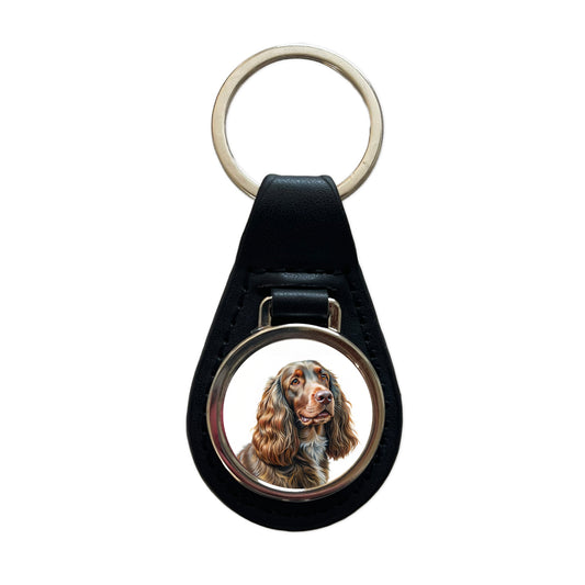 Field Spaniel Dog Illustration Black Leather Metal Keychain