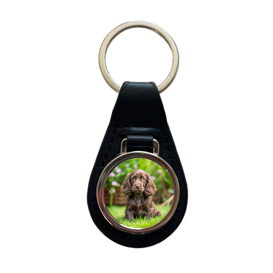 Field Spaniel Dog Puppy Photo Black Leather Metal Keychain