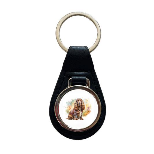 Field Spaniel Dog Watercolor Style Black Leather Metal Keychain