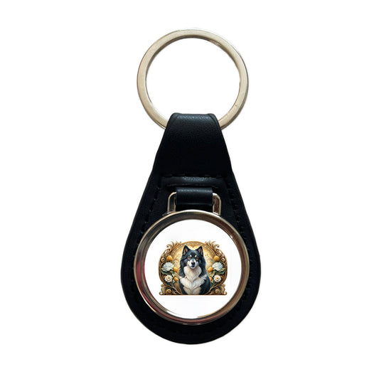 Finnish Lapphund Dog Art Nouveau Black Leather Metal Keychain