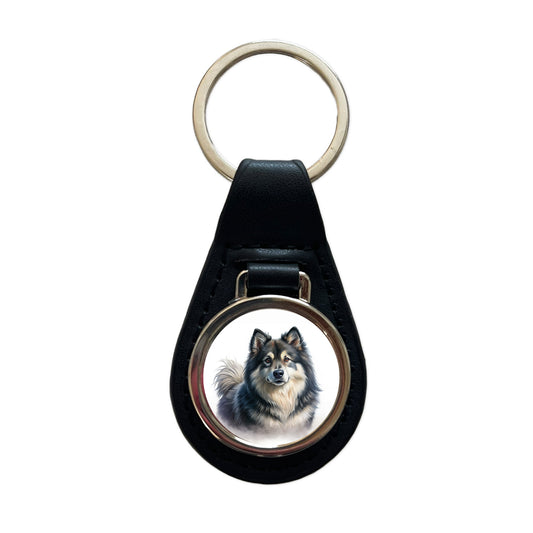 Finnish Lapphund Dog Illustration Black Leather Metal Keychain