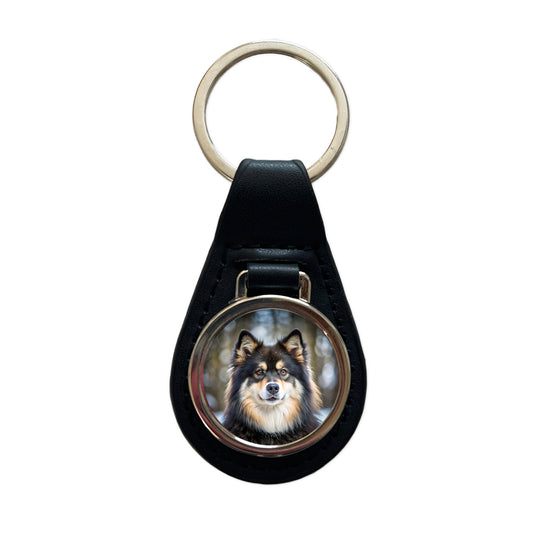 Finnish Lapphund Dog Photo Black Leather Metal Keychain