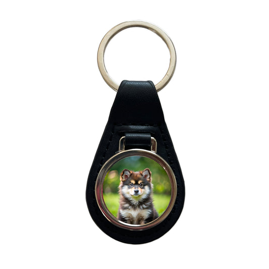 Finnish Lapphund Dog Puppy Photo Black Leather Metal Keychain