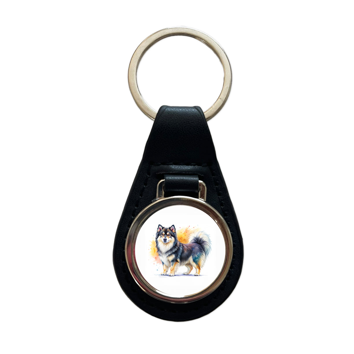 Finnish Lapphund Dog Watercolor Style Black Leather Metal Keychain