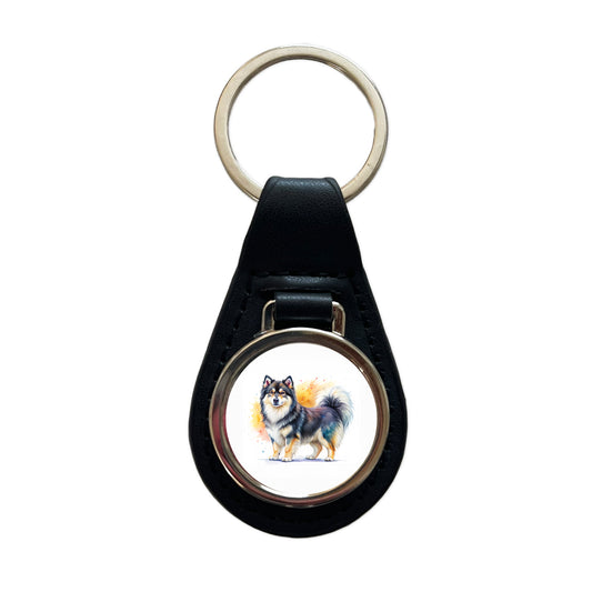 Finnish Lapphund Dog Watercolor Style Black Leather Metal Keychain