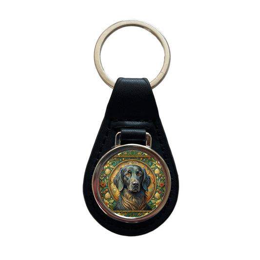 Flat Coated Retriever Dog Art Nouveau Black Leather Metal Keychain