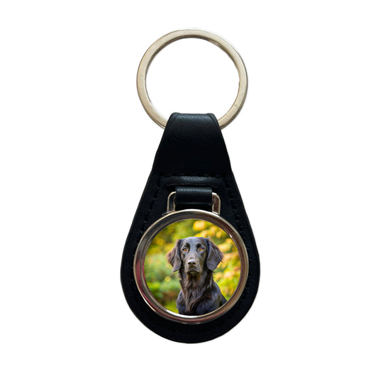 Flat Coated Retriever Dog Photo Black Leather Metal Keychain